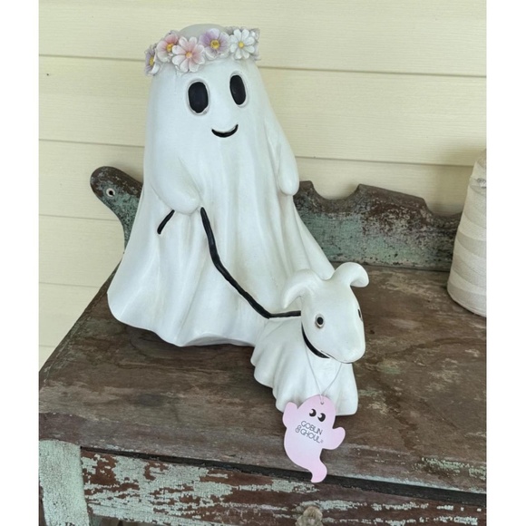 Other - Halloween Ghost  walking‎ Dog Figurine 10 3/8 Inch Flower Crown Leash Spooky
